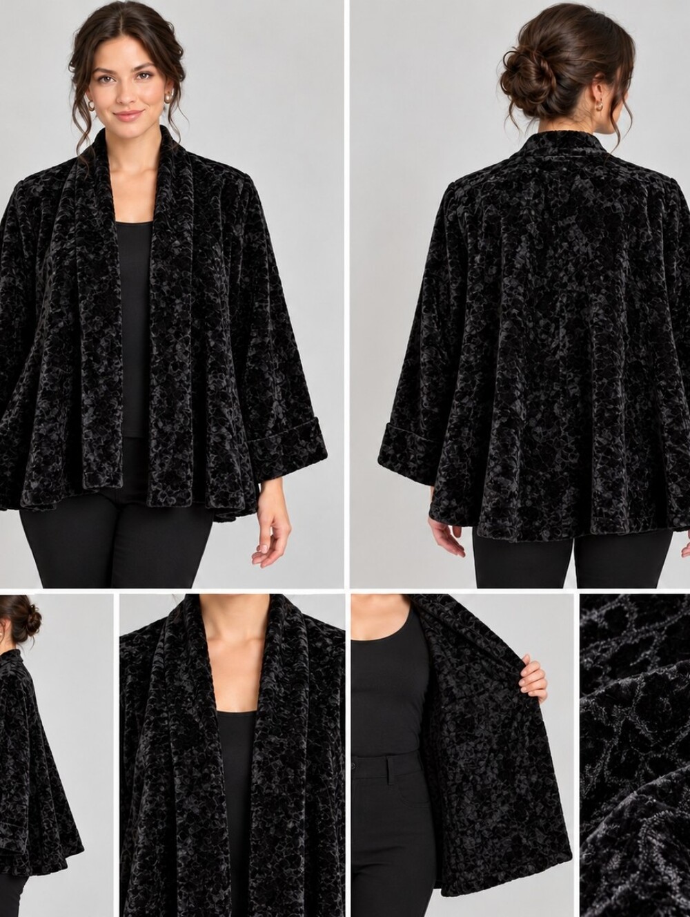 Connected Black Crushed Velvet Open-Front Swing Light Jacket SIZE SMALL